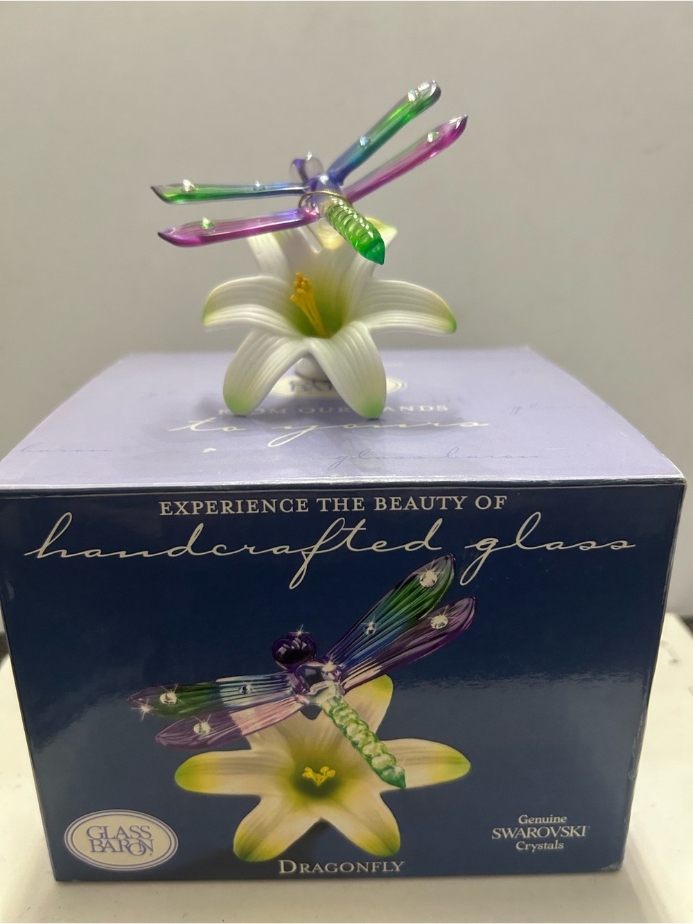 Glass Baron Dragonfly on Lily with Swarovski Crystals Handcrafted Art New in Box